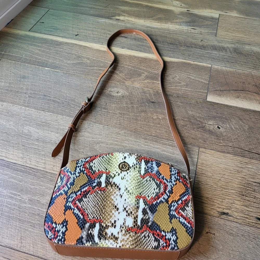 Anne Klein Multi Color Snakeskin Crossbody Bag Triple Compartment Brown Strap
